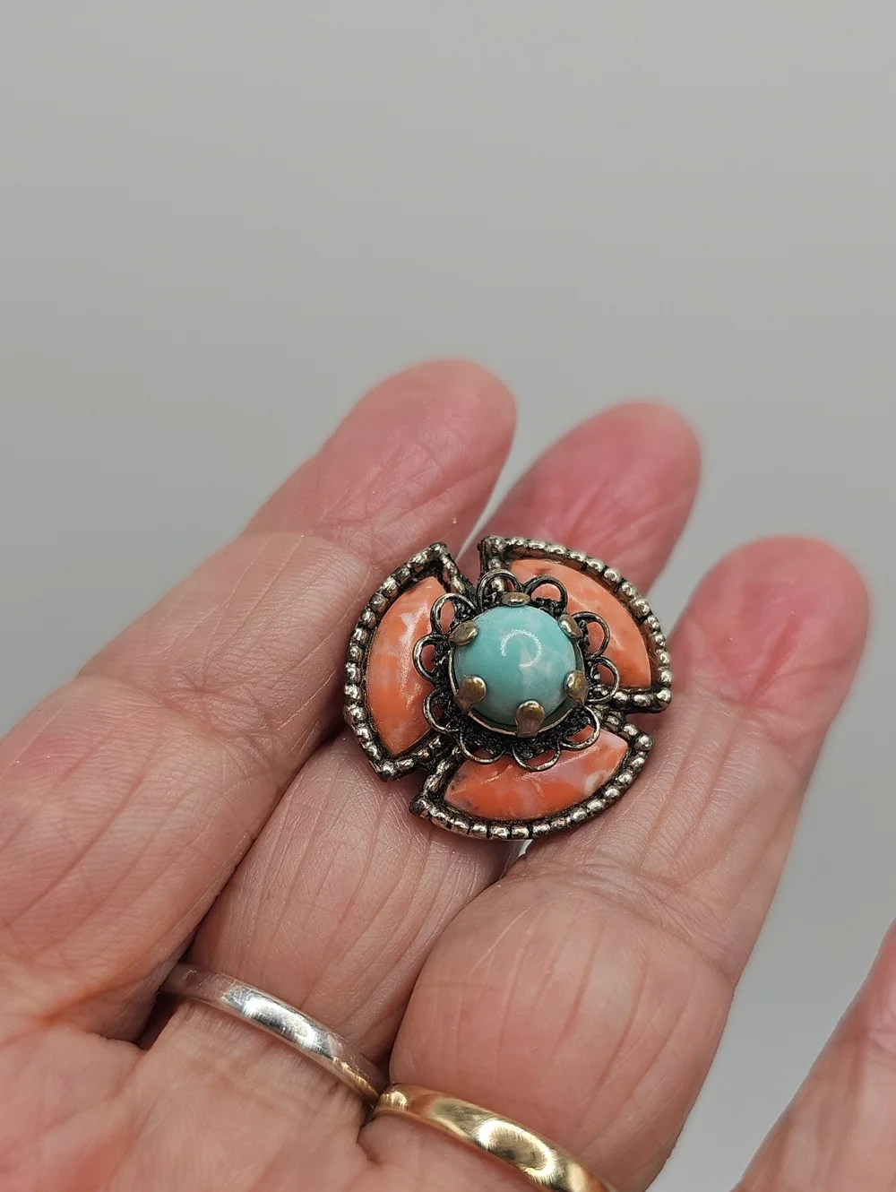 Roma Vintage Turquoise & Coral Floral Brooch